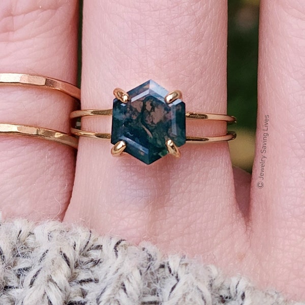 AA Hexagon Moss Agate Ring, hexagon dark green gemstone ring, hexagon engagement ring, unique moss agate ring, hexagon nature ring for women