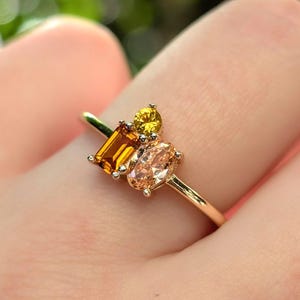 Citrine 3 stone cluster ring, multi-shape, citrine cluster ring, gold orange multi shape unique birthstone ring, November birthstone ring