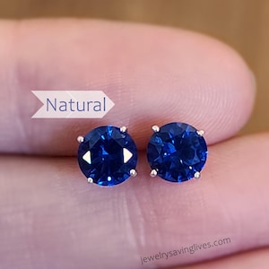 Sapphire stud earring to set and forget, high quality treated royal blue sapphire in silver gold rose gold in flatback or pushback