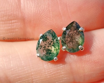 Pendientes de ágata musgosa en forma de lágrima, con forma de vid verde natural para amantes de la naturaleza, en plata y oro.