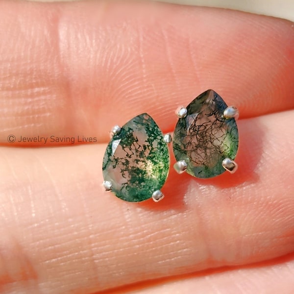 Teardrop moss agate studs, green nature vine earrings for a nature lover, in silver and gold
