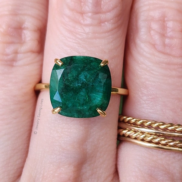 Large Emerald ring, Statement square Emerald ring. Unique Natural Emerald  ring, Large Raw Vintage Emerald Ring, Green ring in yellow gold