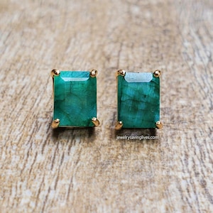 Raw emerald emerald cut prong earrings, rectangle deep green emerald studs, natural emerald earrings in prong setting, genuine emerald studs