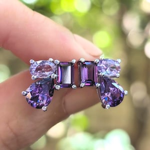 Amethyst Large Cluster Stud Earrings, Statement February Birthstone Multi Shape earrings in Silver and Yellow Gold, - The Tulia