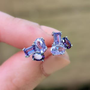 Amethyst Small Cluster Stud Earrings, February Birthstone purple gemstone multi-shape studs in Yellow Gold or Silver - The Elia