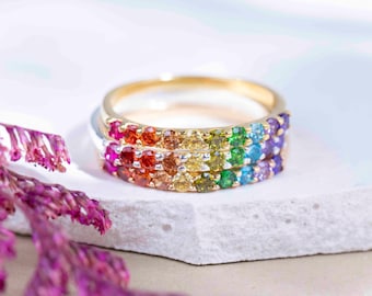 Rainbow Pride Eternity Band, natural gemstone LGBTQ+ half eternity band, rainbow band ring, rainbrow brdige, pride accessories