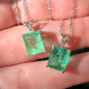 Emerald cut emerald doublet necklace, glowing bright green natural emerald necklace in silver, yellow gold, rose gold