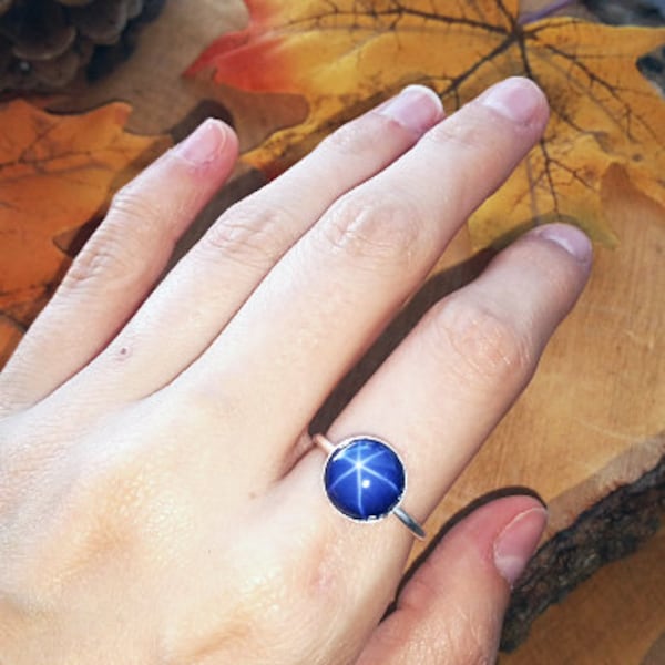 Star Sapphire Ring, genuine star sapphire gemstone on sterling silver band, blue sapphire ring, natural blue sapphire, genuine sapphire