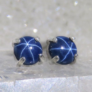 Star Sapphire Earrings Dark Blue 6mm Natural Star Sapphire