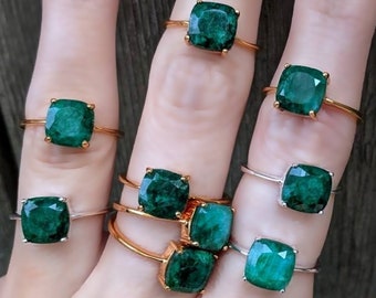 May Birthstone Ring Green Raw Emerald Ring Silver Stacking Ring Gemstone Ring Prong Set Ring Silver Ring Unshaped Emerald Ring