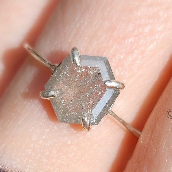 Hexagon Raw diamond ring, salt and pepper diamond, hexagon raw diamond ring, salt and pepper diamond, alternative engagement ring