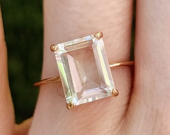 Raw emerald cut clear quartz ring, natural clear quartz cut ring in sterling silver, quartz engagement ring, rectangle ring, large quartz