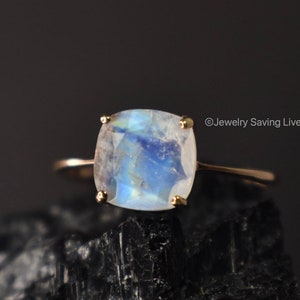 Moonstone ring, square moonstone stacking ring, blue & white moonstone ring, moonstone solitaire ring in gold, natural moonstone