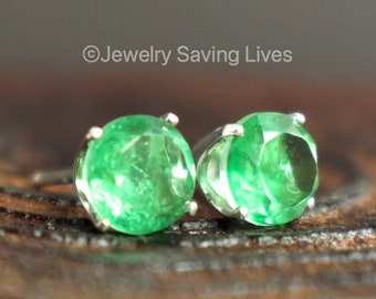 Emerald doublet earrings, round faceted emerald natural earrings, doublet raw emerald earrings, vintage emerald earrings