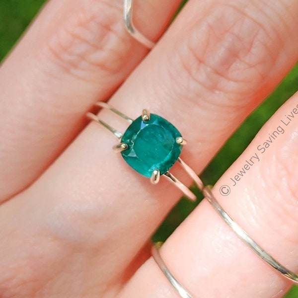 Emerald double band ring, raw emerald double band ring, gold raw emerald square ring, emerald vintage engagement ring, raw emerald ring