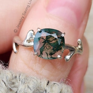 Moss Agate branch ring, natural moss agate square ring, nature moss ring for women, cushion nature handmade unique moss agate ring