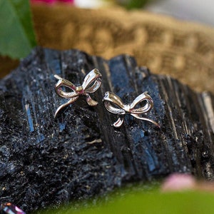 May include: A pair of silver bow-shaped earrings on a black rock with a pink flower in the background.