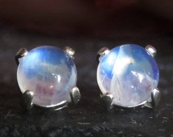 Moonstone earrings, small 6mm moonstone earrings, natural rainbow moonstone studs, colorful moonstone studs in silver
