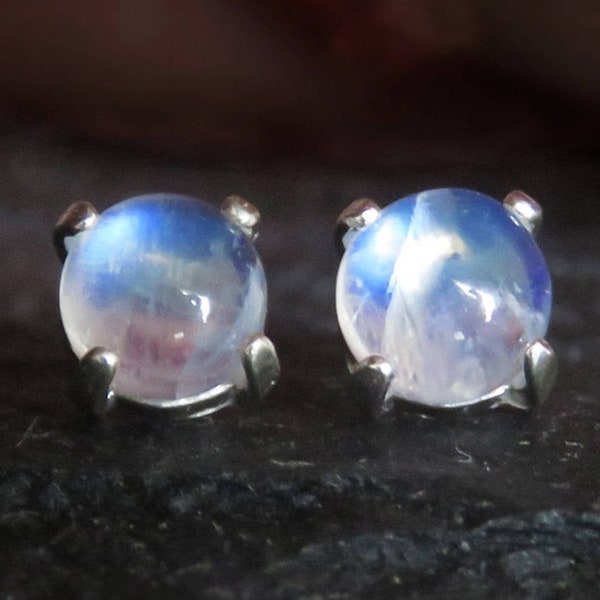 Moonstone earrings, small 6mm moonstone earrings, natural rainbow moonstone studs, colorful moonstone studs in silver