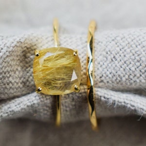 Golden Rutilated Quartz Ring, golden ring, natural rutilated quartz, golden quartz  square ring, rutilated quartz ring, gold engagement ring
