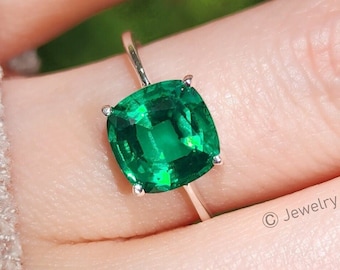 Brilliant cut emerald ring, lab emerald engagement ring, vintage emerald ring, May emerald birthstone ring, unique emerald birthstone ring