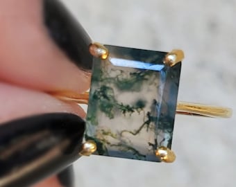 Moss Agate Emerald Cut Ring, moss agate engagement ring, moss agate gold ring, moss agate, emerald cut ring, moss agate statement ring