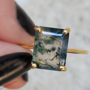 Moss Agate Emerald Cut Ring, moss agate engagement ring, moss agate gold ring, moss agate, emerald cut ring, moss agate statement ring AAA