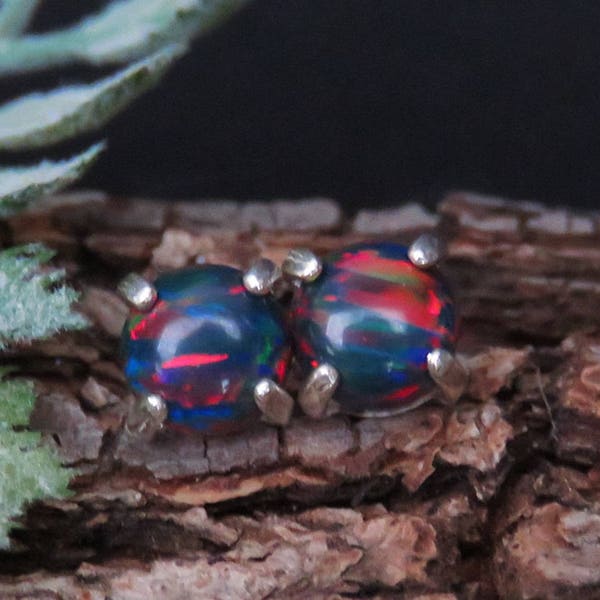 Black Opal Earrings, tiny black fire opal studs, rainbow colorful opal studs in silver, opal studs, colorful opals, tiny black opals