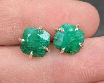 Natural Vibrant green emerald earrings, square green emerald studs, bright green emerald earrings in prong setting, genuine emerald studs