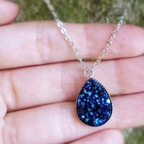 September Birthstone Necklace Deep Blue Druzy Teardrop Etsy
