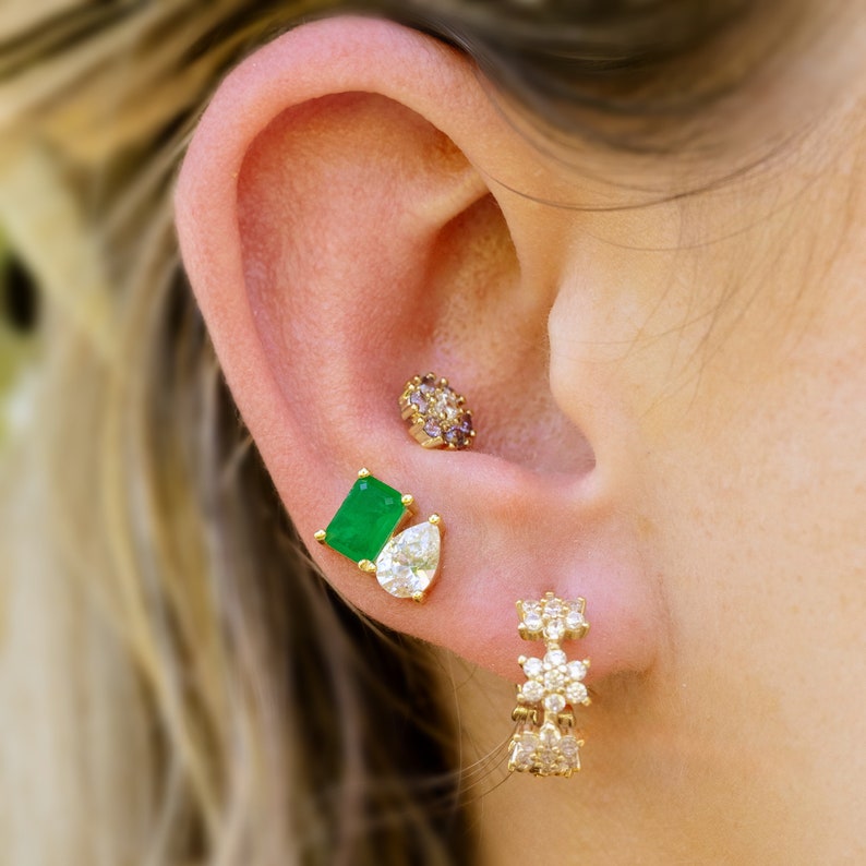 earring studs, aurora, toi et moi, custom, two stone, pushback earrings, emerald cut and teardrop, genuine gemstone red garnet, purple amethyst, light blue aquamarine, clear quartz, opal, green emerald, multicolor alexandrite, rainbow topaz, pink ruby, light green peridot, blue sapphire, pink tourmaline, orange citrine, blue-purple tanzanite, sunstone, smokey quartz, onyx, moss agate, rutilated quartz, in silver yellow gold rose gold 14k solid gold