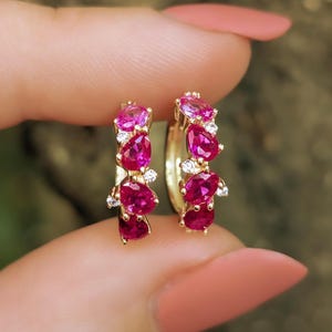 Ruby Hoop Earrings, minimalist hoop ruby earrings in yellow gold, ombre natural ruby hoop earrings, bright genuine ruby earrings, 4 stones