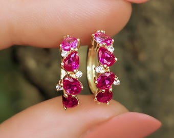 Ruby Hoop Earrings, minimalist hoop ruby earrings in yellow gold, ombre natural ruby hoop earrings, bright genuine ruby earrings, 4 stones