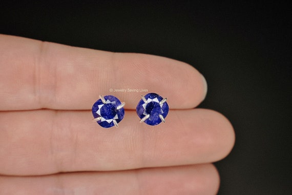 Natural Sapphire Earrings Square Rough Deep Blue Sapphire Studs