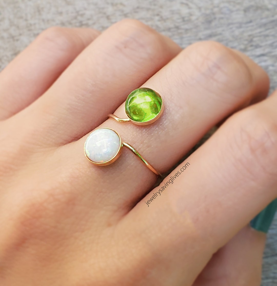 Peridot and Opal Ring, Peridot and Fire Opal, Silver Double Stone Ring, Peridot & Opal