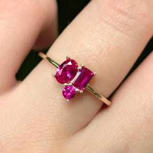 Ruby 3 stone cluster ring, multi-shape, ruby cluster ring, emerald cut round oval unique cluster ring, July birthstone ring