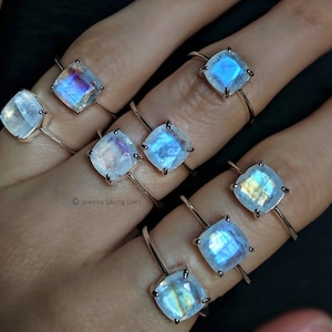 Rainbow Moonstone stacking ring, square moonstone stacking ring, blue & white moonstone ring, moonstone solitaire ring in gold and silver