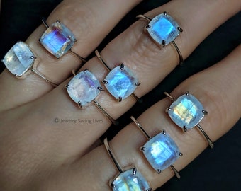 Rainbow Moonstone stacking ring, square moonstone stacking ring, blue & white moonstone ring, moonstone solitaire ring in gold and silver