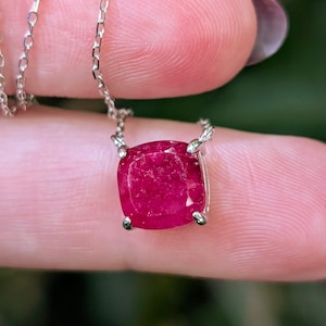 Ruby Necklace, square deep red raw ruby gemstone 3 ct necklace in silver yellow gold and rose gold brilliant cut