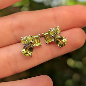 Statement Peridot Cluster Stud Earrings, Unique 3 stone Design, Silver Yellow Gold - The Tulia