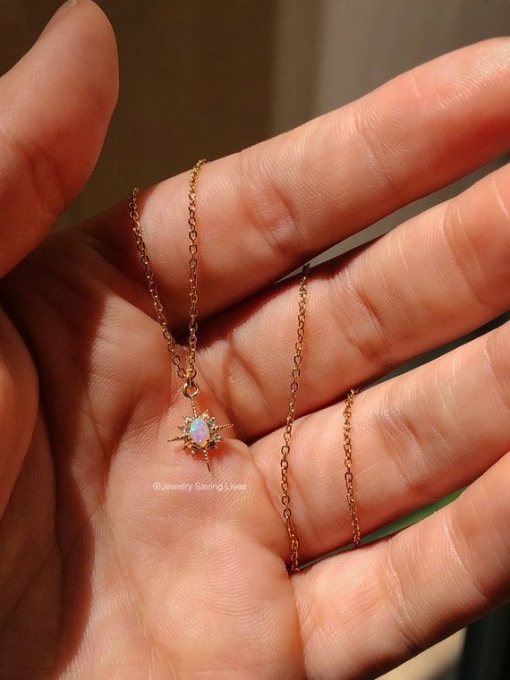 Star and Opal Necklace Dainty 4 Point Star Necklace Gold