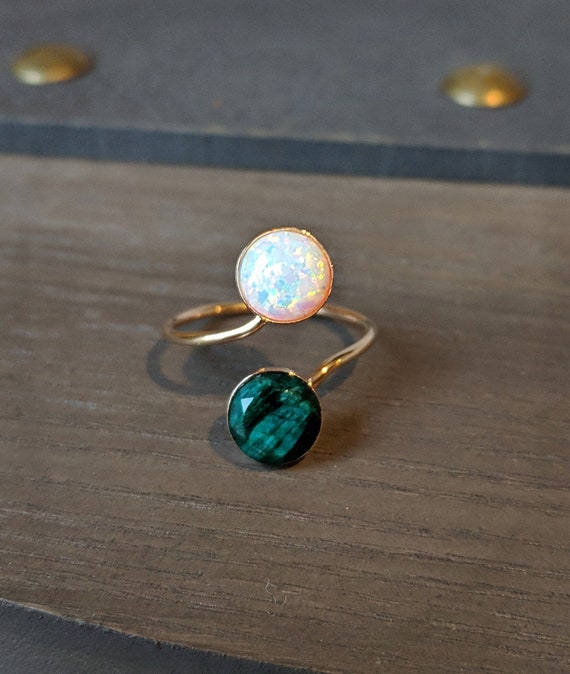 Raw Emerald and Opal Ring Double Stone Ring Natural Emerald and Natural Opal Ring Genuine Emerald and Opal Ring Adjustable Emerald Ring Etsy Canada