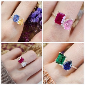 Unique Birthstone Ring, two stone ring, mother daughter ring, unique family birthstone ring, spouse dual birthstone ring, toi et moi ring image 2