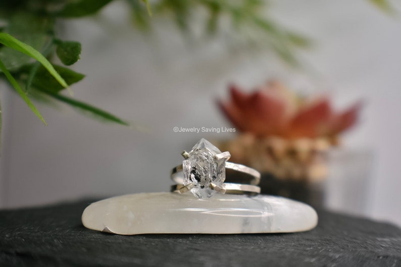 Orthoceras & Herkimer Diamond Double Stone Adjustable Ring