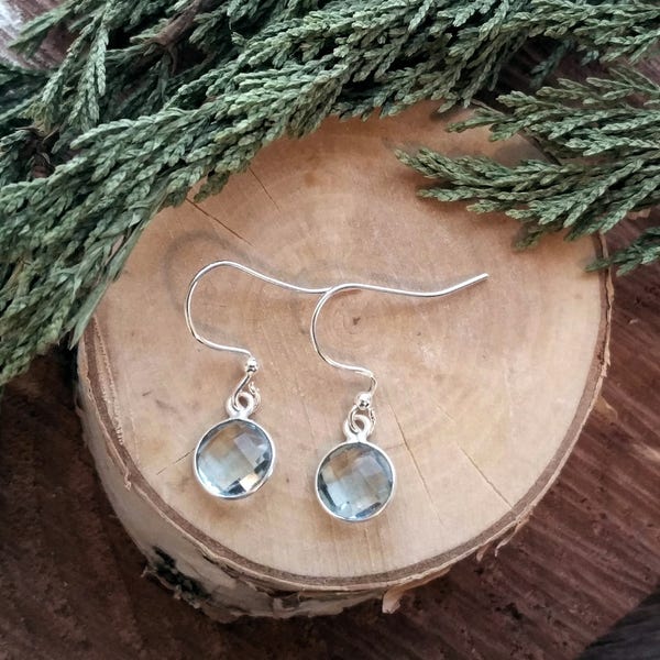 Dainty Aquamarine dangle earrings, genuine aquamarine round earrings, tiny aquamarine drop earrings