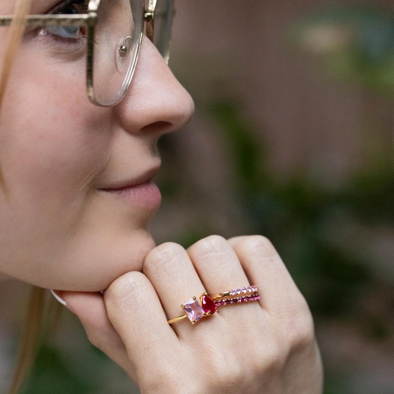 ring, pink ruby eternity band, stacking ring, round, silver, yellow gold, rose gold