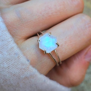 Hexagon Moonstone Ring, rainbow blue purple yellow moonstone solitaire ring, silver, gold, rose gold