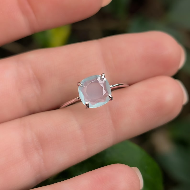 ring, light blue green sea glass, square stone, silver, yellow gold, rose gold