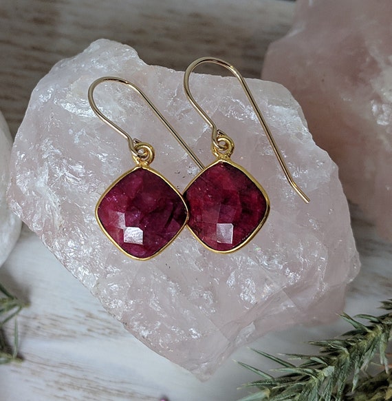 Natural Raw Ruby Earrings Dangle Raw Ruby Earrings in Silver