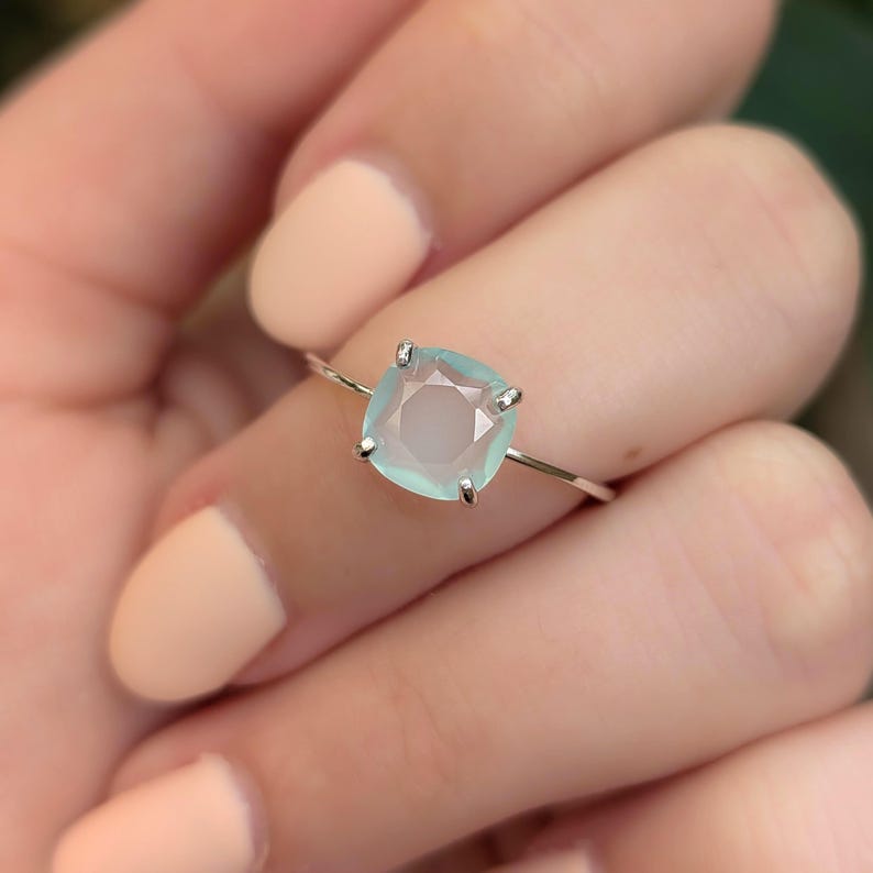 ring, light blue green sea glass, square stone, silver, yellow gold, rose gold